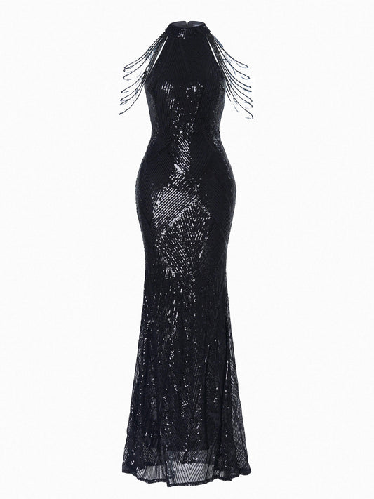 Cold Shoulder Beads Chain Cocktail Dress