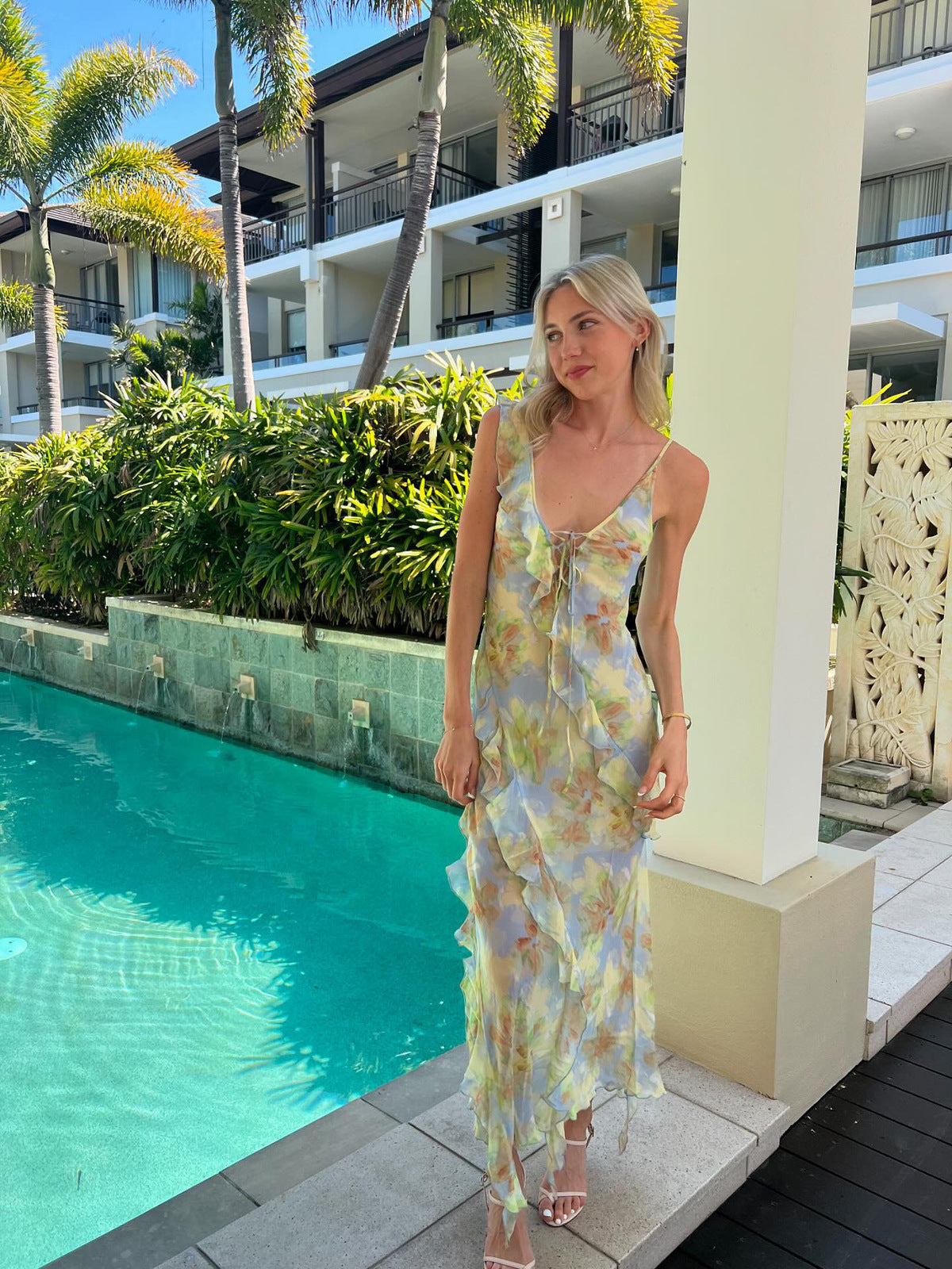 cecilia Chiffon ruffles maxi dress in blue
