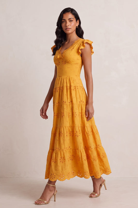 Scallop V-Neck Ruffle Sleeve Eyelet Tiered Midi Dress