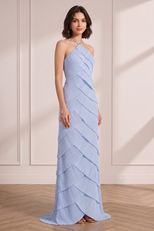 light blue plissé chiffon column with tiered layers gown light blue plissé chiffon gown - product view 4