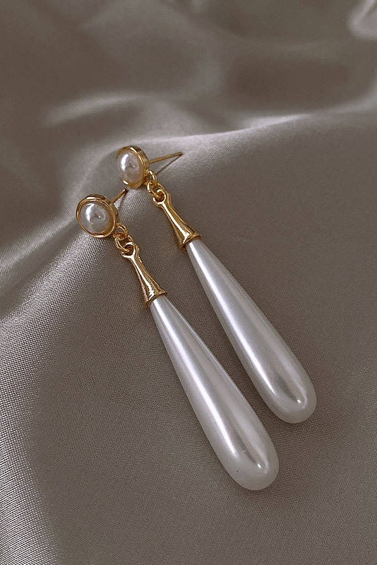 Small Round Pearl Top Teardrop Pearl Long Drop Gold Earrings