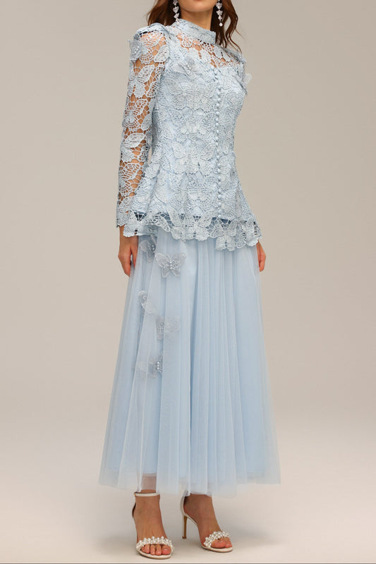 yvette blue Long Sleeve Folds Lace Butterfly Top And Skirt Two-Piece Set