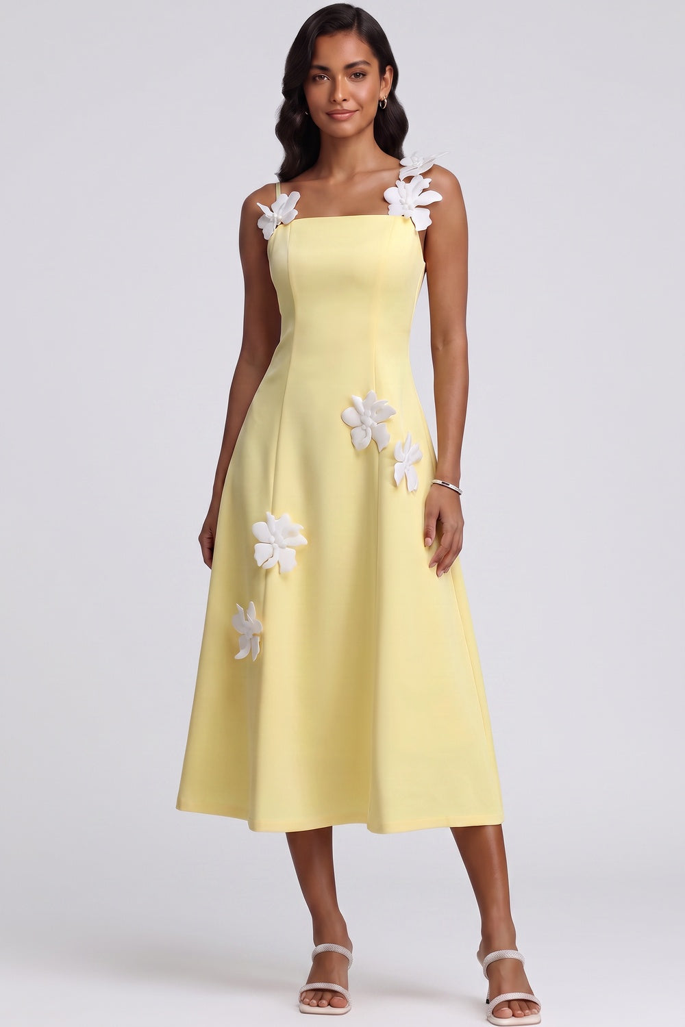 Pastel Yellow Structured Crepe A-Line Midi Dress with 3D Floral Appliqués pastel yellow structured crepe dress - product view 4