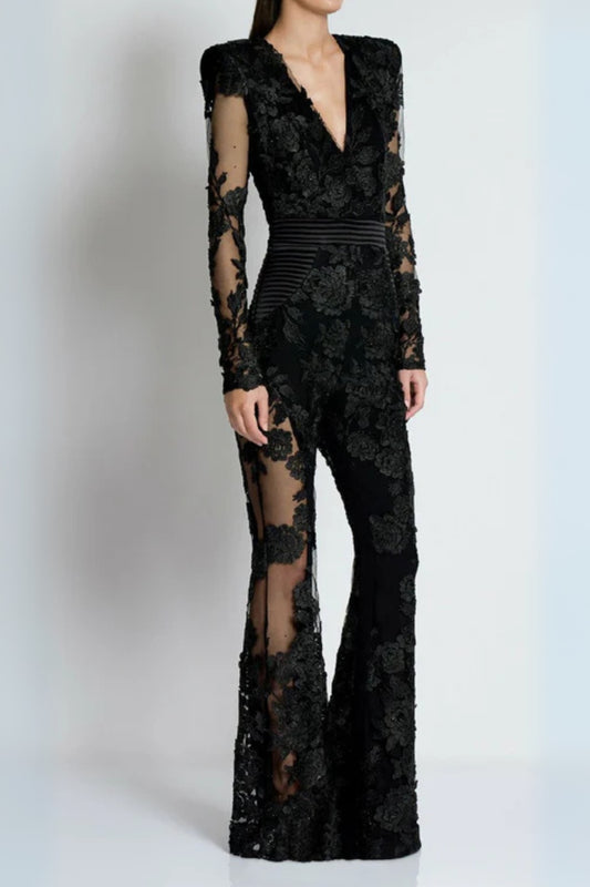diamond three-dimensional flower jumpsuit in black