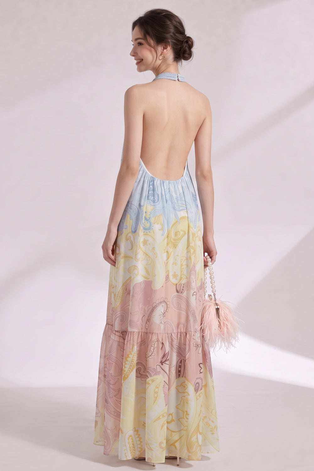Pastel Ombré Chiffon Halter Tiered Maxi Dress pastel blue, pastel yellow, dusty rose pink chiffon dress - product view 5