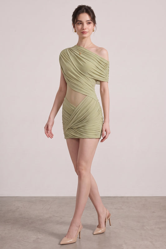 Sage Green Asymmetrical Draped Mini Dress sage green stretch jersey draped mini dress - product view 2