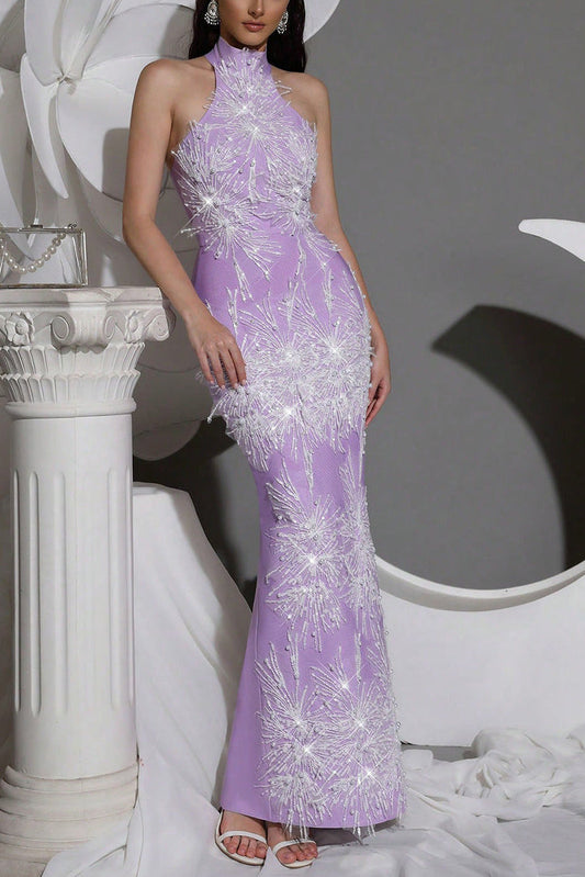 Pandora Sleeveless Beaded Tassel Sequin Bandage Maxi Dress - Violet