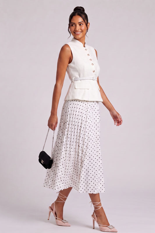 Premium Fabric Two-Piece Set - White Peplum Top & Polka Dot Midi Skirt Premium Fabric - product view 1