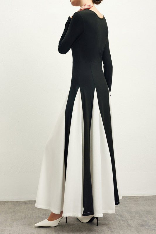 Contrast Color Long Sleeve Midi Dress