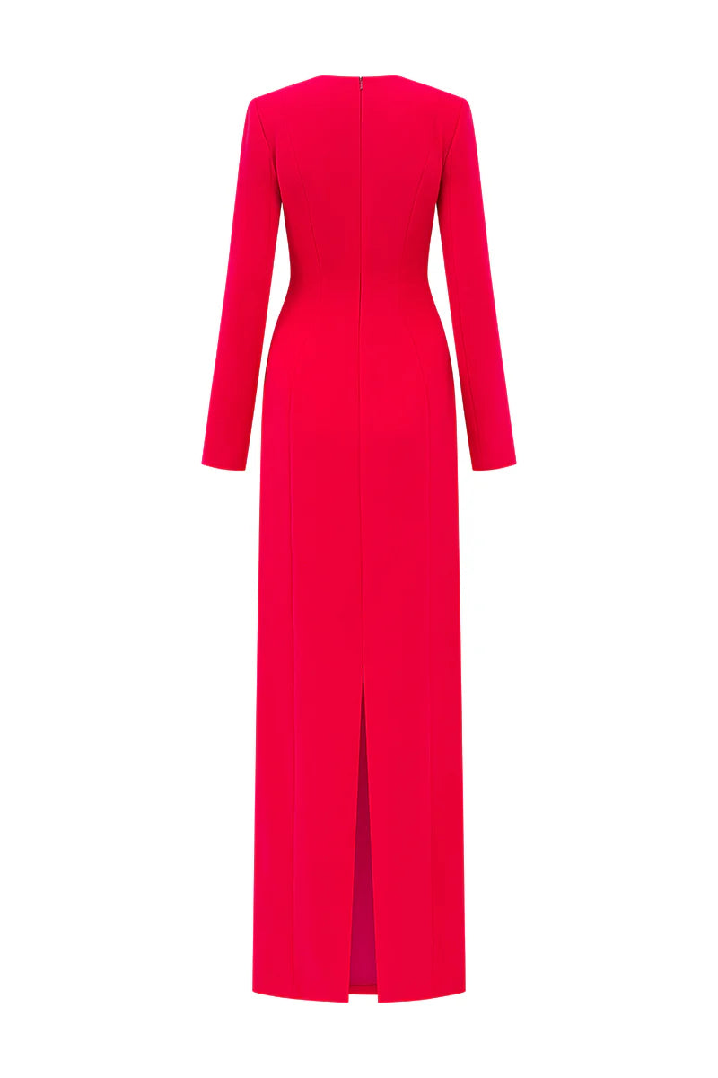 hilary red padded shoulder crystal embellished straight maxi dress