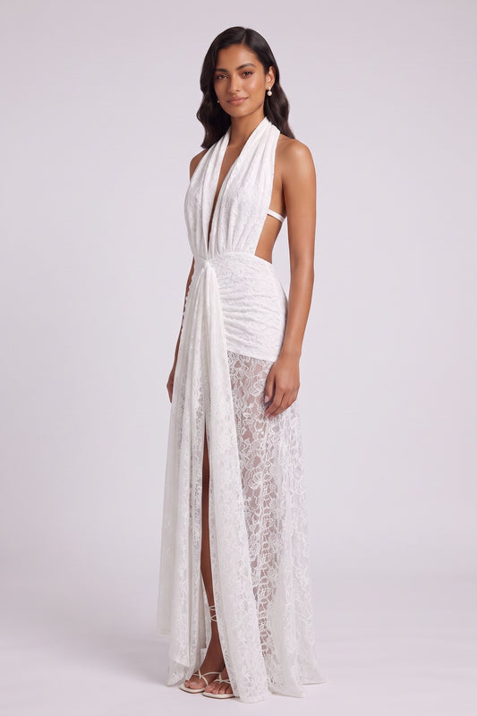 white lace column with front slit gown white lace gown - product view 2