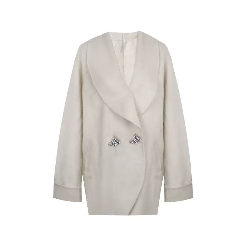 Oversized Wide Lapel Rhinestone Button Wool Coat