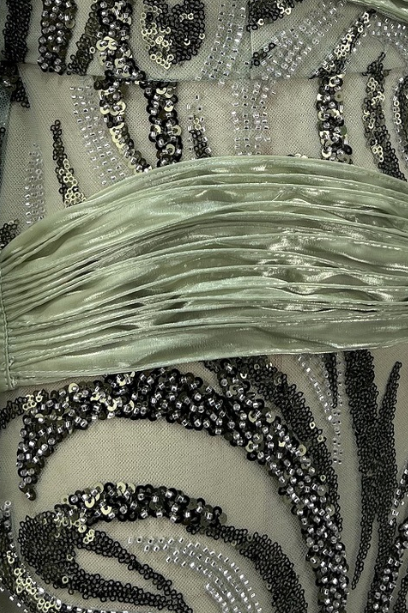 Sage Green One-Shoulder Sequin Embellished Floor-Length Gown