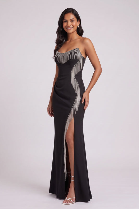 Black Strapless Fringe Gown Premium Fabric - product view 2