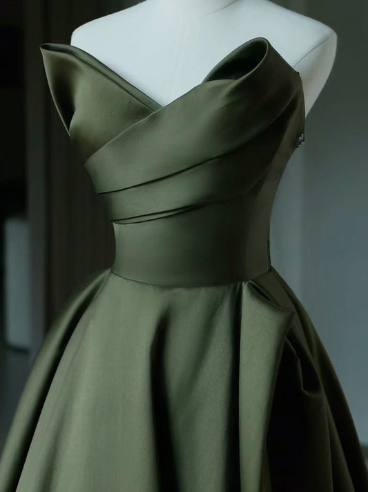 A-Line V Neck Satin Green Prom Dress
