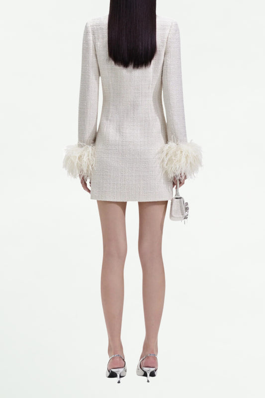 CREAM BOUCLE FEATHER MINI DRESS