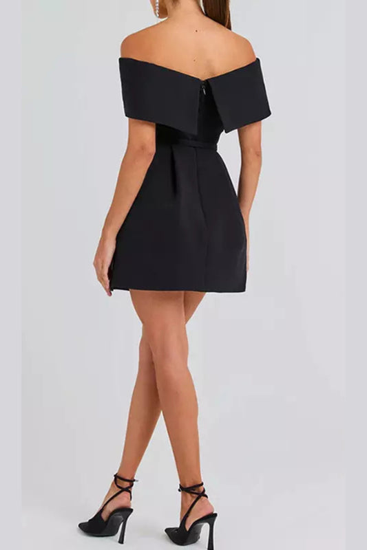 belted off-shoulder a-line mini dress in black