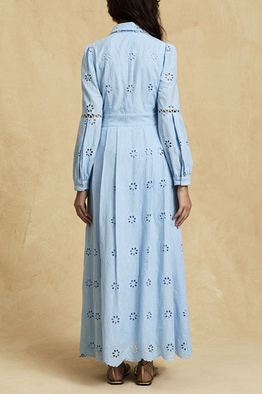 retro single-breasted hollow lace midi dress in blue