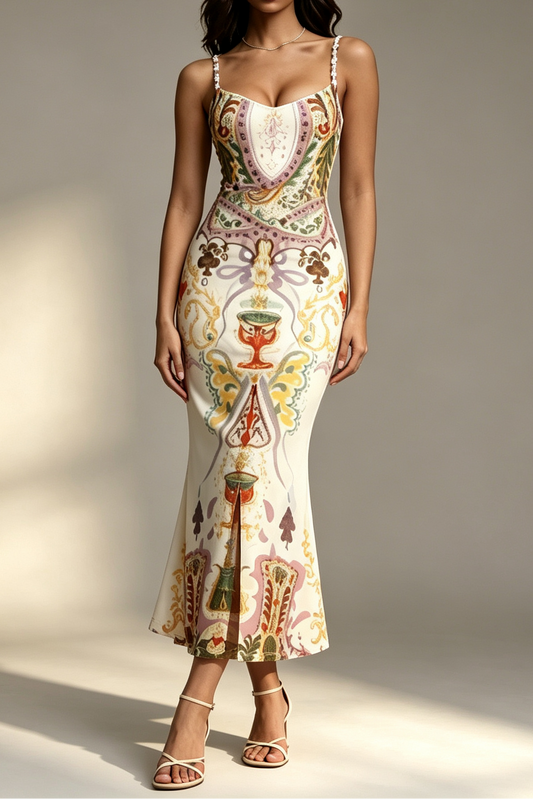 Vintage Cup Tarot Print Beaded Spaghetti Strap Sweetheart Satin Mermaid Midi Dress