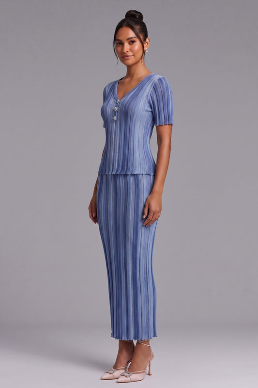 Light Blue Ribbed Knit Two-Piece Set with Gradient Stripes light blue, medium blue, denim blue ribbed knit two-piece set - product view 2