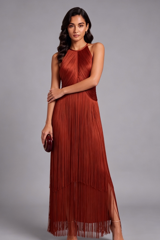 rust fringe column dress