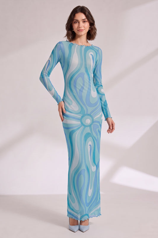 Blue Abstract Wave Maxi Dress with Scalloped Details Premium Fabric - product view 1