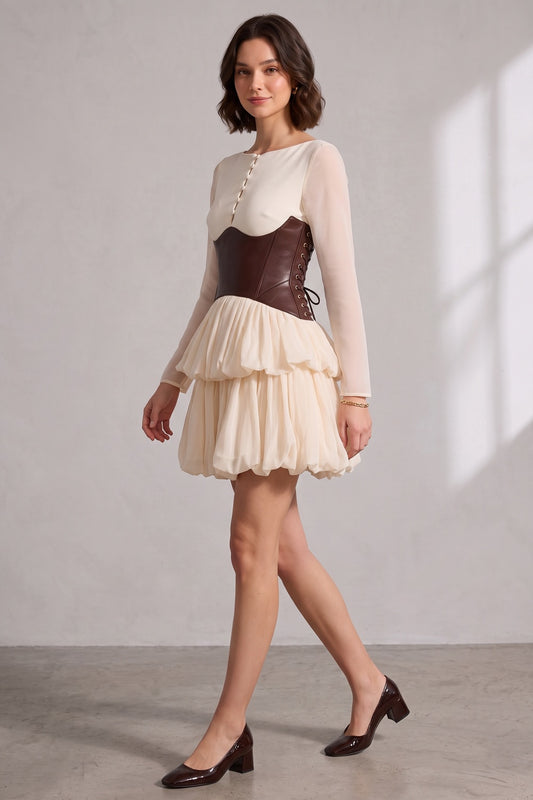 Cream Sheer Long Sleeve Layered Petal Mini Dress with Brown Leather Corset Belt