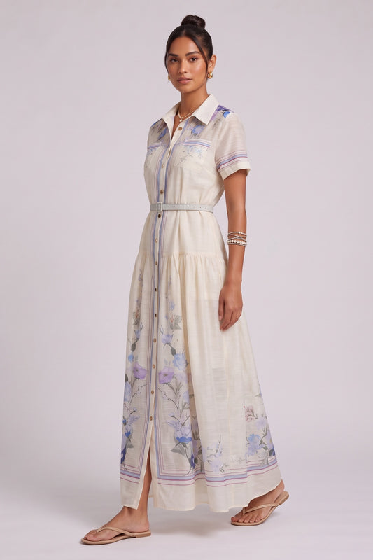 Cream Floral Collared Maxi Dress Premium Fabric - product view 2