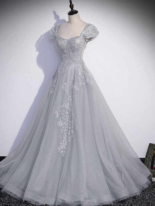 A-Line Gray Tulle Sequin Dress