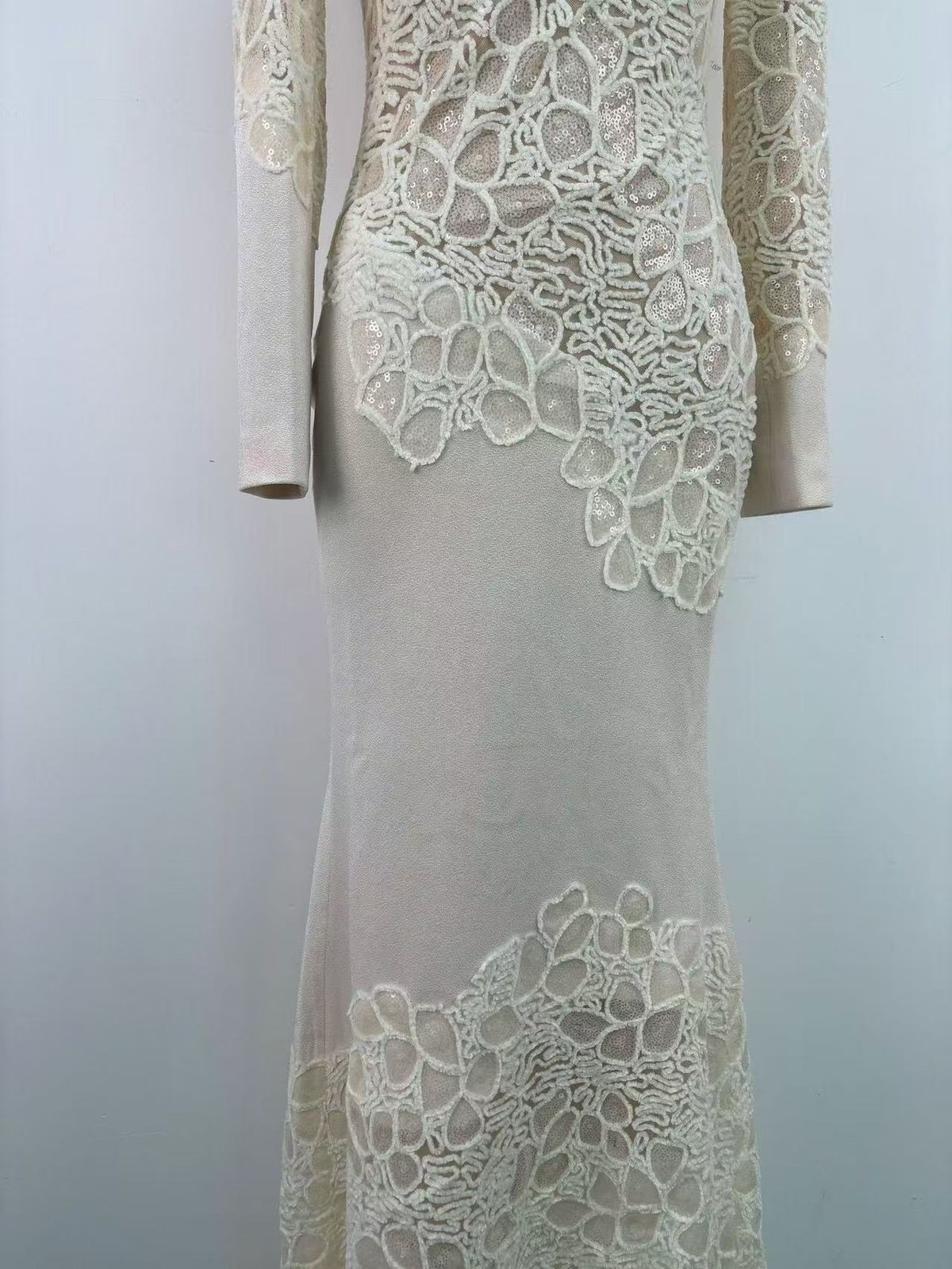 jacqueline Beige lace Embroidered long sleeve Mermaid Maxi Dress