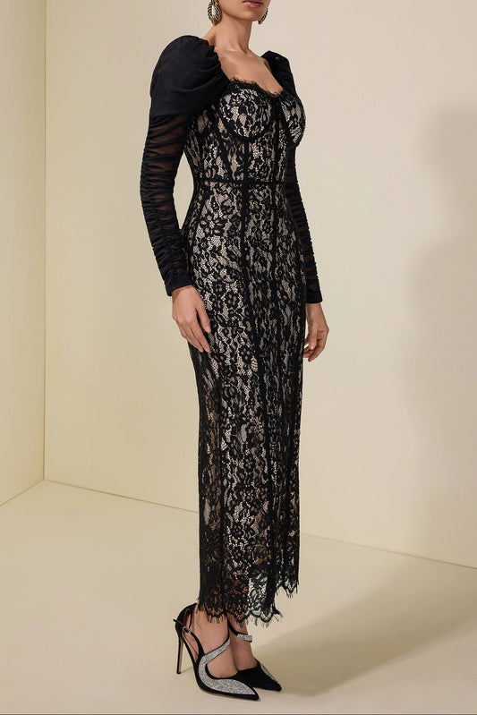 wendy Lace Splicing Mesh Puff Sleeve Midi Dress in black