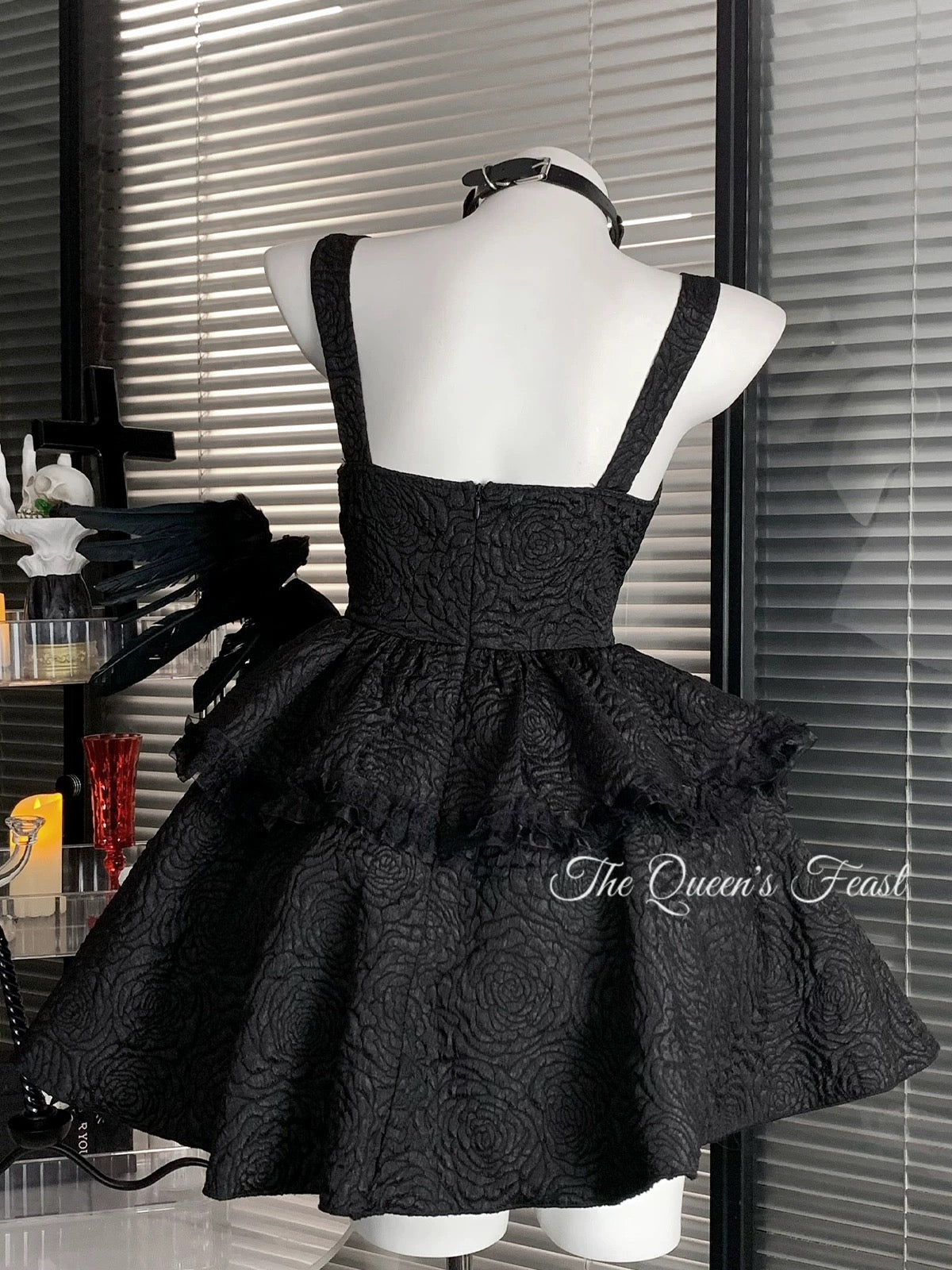 BLACK TEXTURED SUSPENDER MINI DRESS