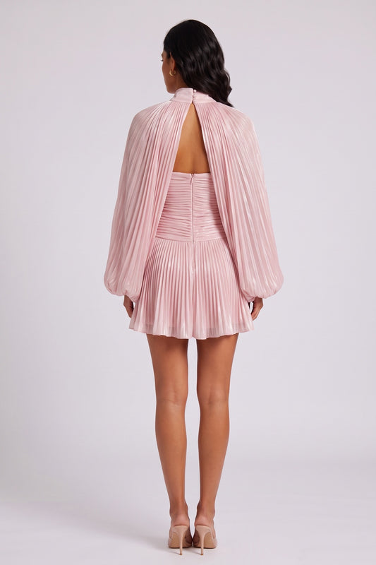 High Neck Keyhole Cape Puff Sleeve Ruched Pleated Mini Dress