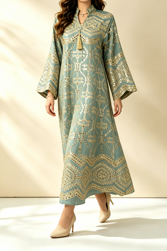 Sage Green Gold Sequin Embroidered Stand Collar Flare Sleeve Midi Kaftan Dress