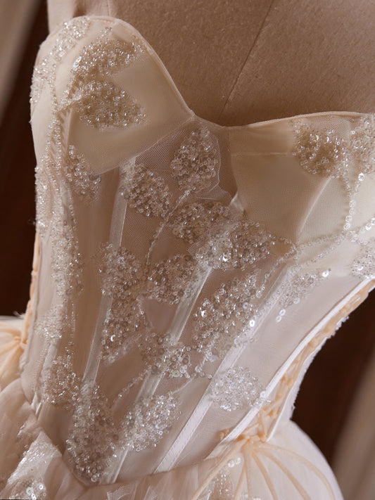 A-Line Tulle Lace Champagne mini Prom Dress