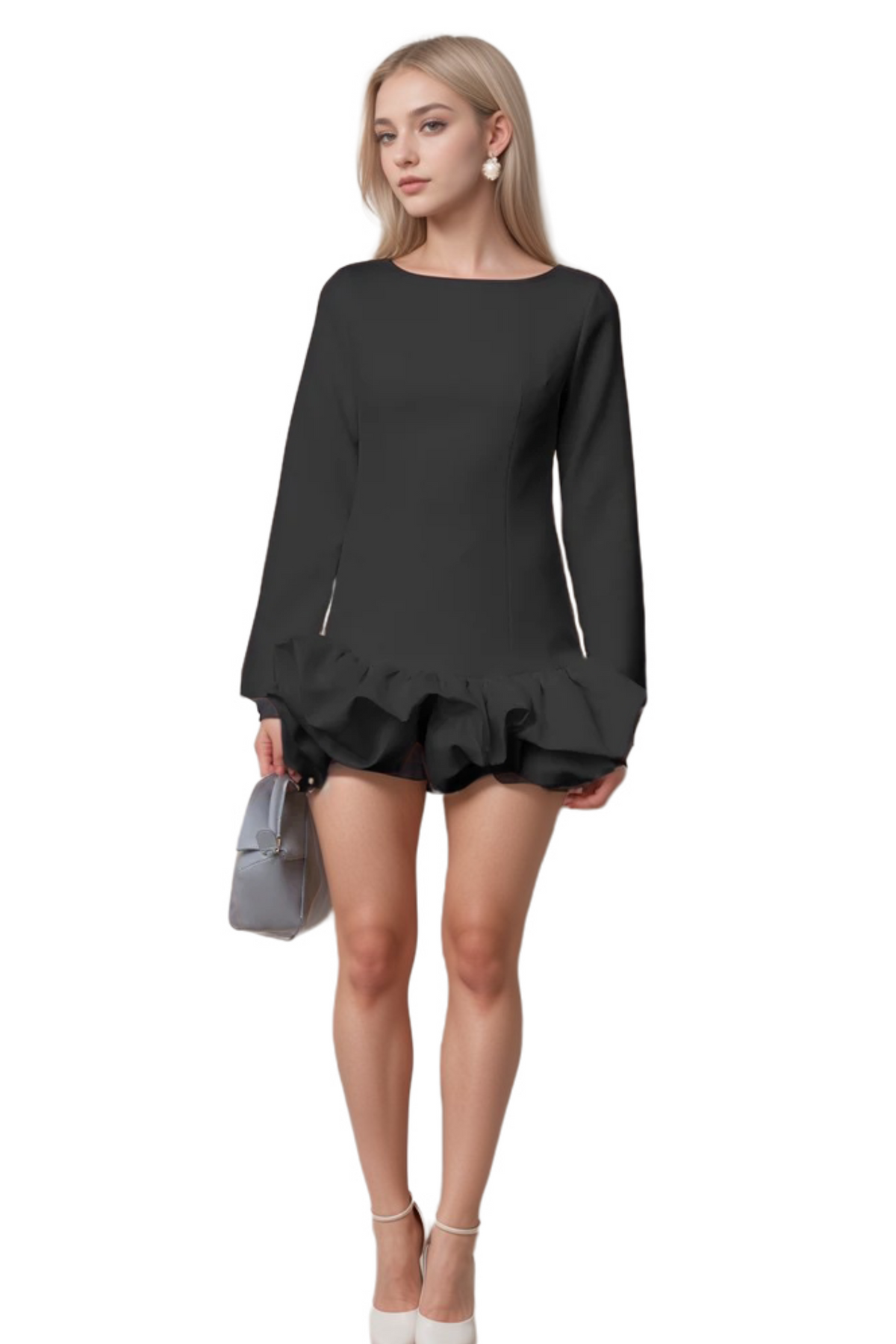Elodie bubble-skirt mini dress in Black