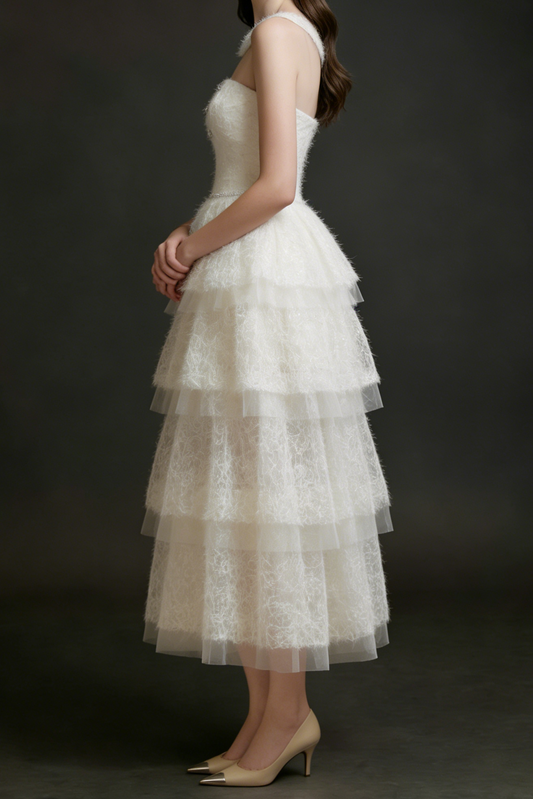 alison mesh stitching layer dress in white
