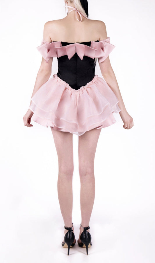 BLACK-PINK BOW RHINESTONE FLARE DRESS