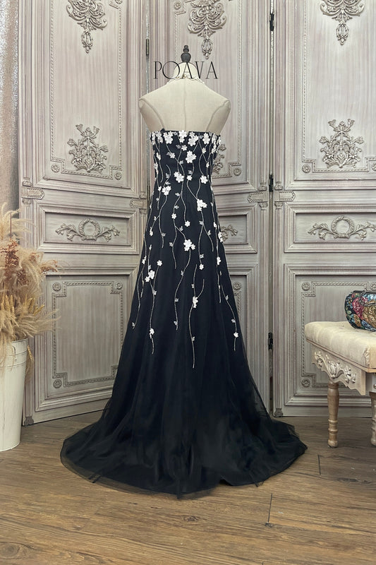 Floral Mesh Strapless Maxi Dress In Black
