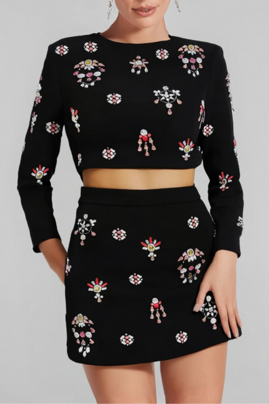 BLACK RHINESTONE EMBELLISHED SKIRT SET