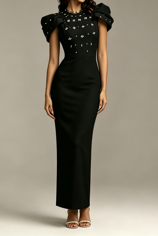 Black Stand Collar Statement Puff Shoulder Floral Rhinestone Fitted Midi Formal Dress