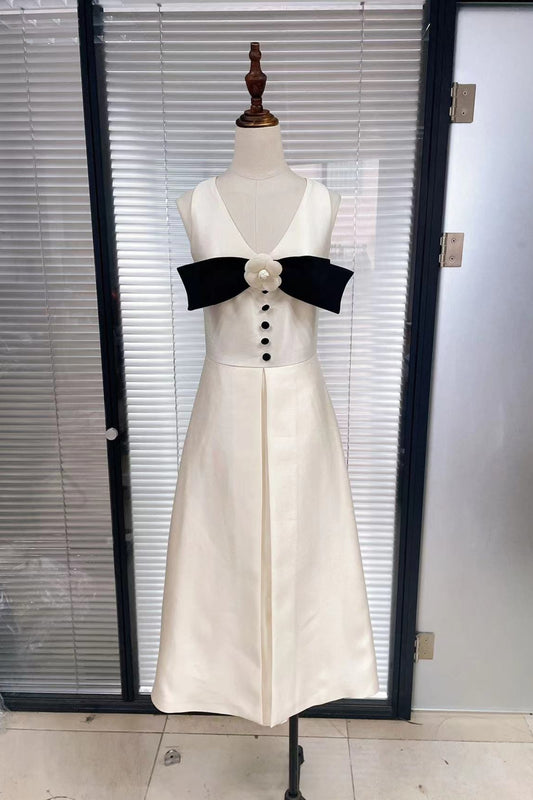 flower embellished bow midi dress in white