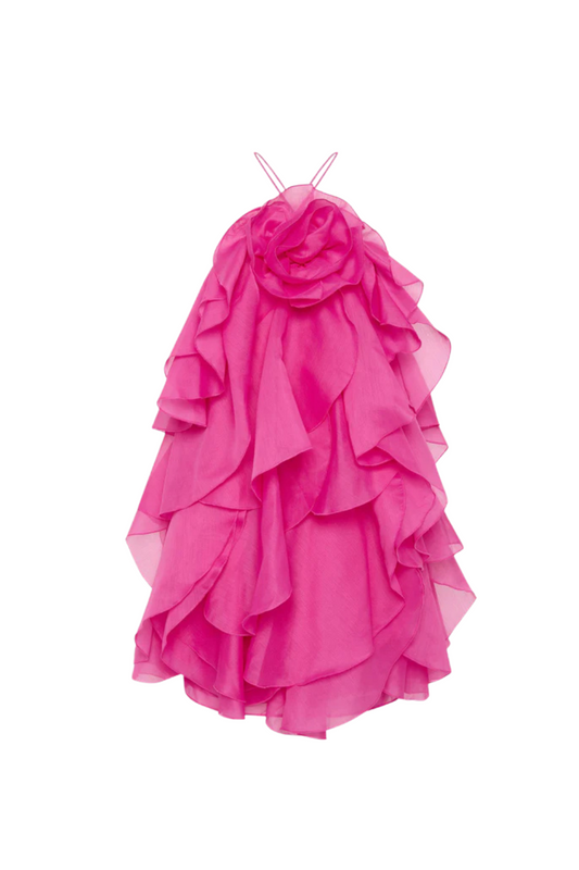 lorraine Halter Floral Ruffle Layered Mini Dress in Fuchsia