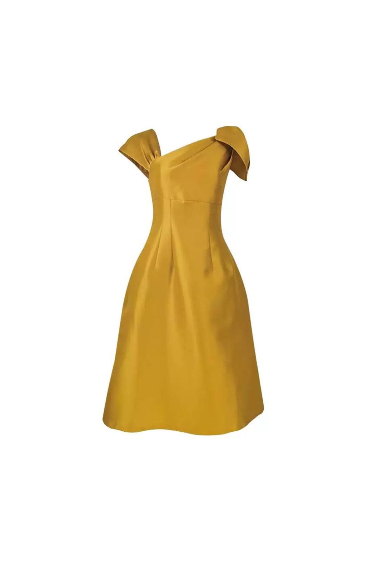 Yellow Asymmetrical Bow Satin Midi Party Dress