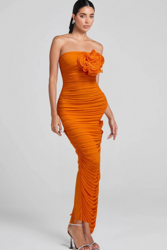 ORANGE OPEN BACK RUCHED FLOWER BODYCON MAXI DRESS