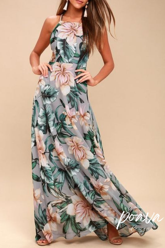 Grey Floral Print Lace-Up Maxi Dress