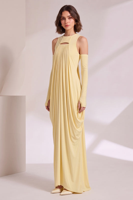 Pale Yellow Keyhole Neckline Maxi Dress Premium Fabric - product view 2