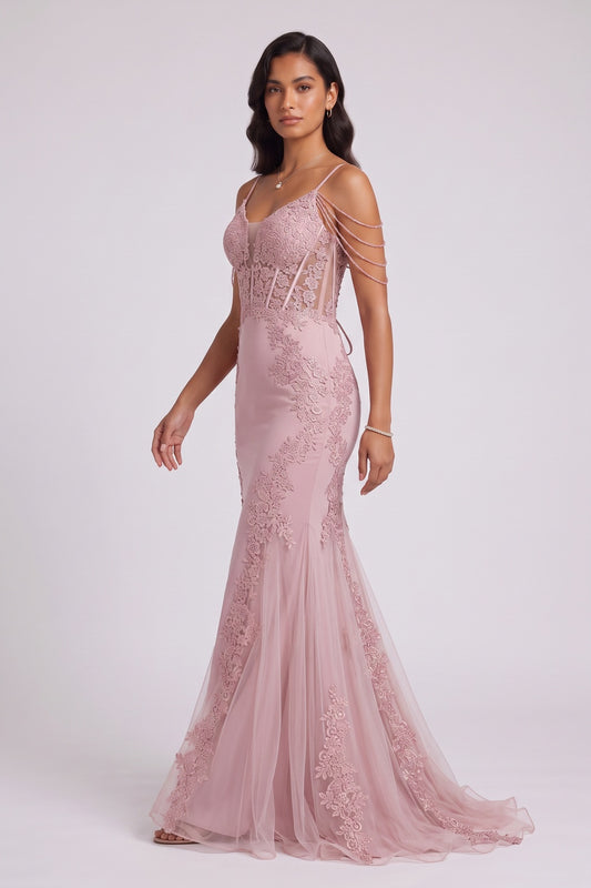 Beaded Fringe Strap Lace Corset Mermaid Tulle Evening Gown
