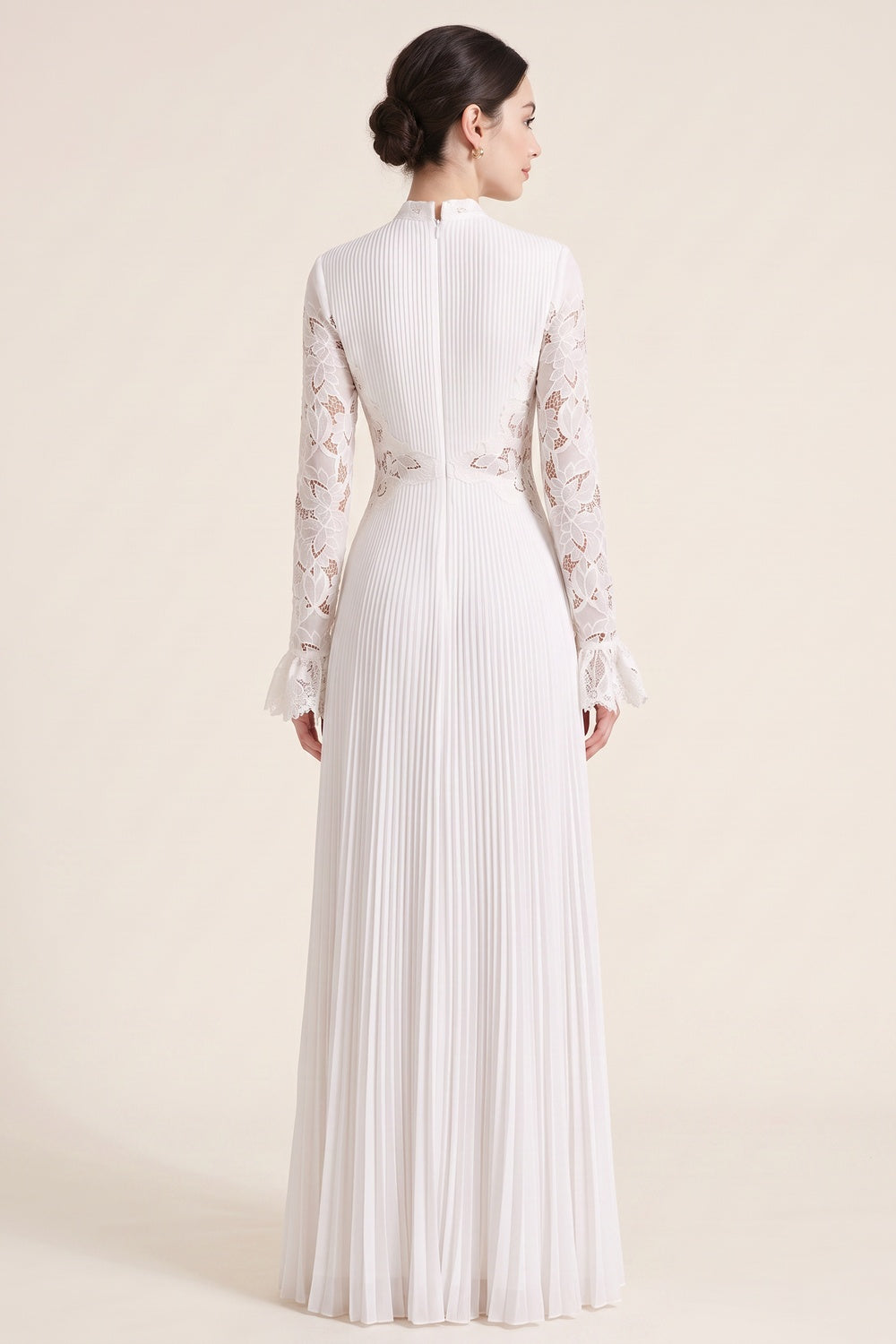 White Pleated Georgette A-Line Gown with Floral Lace white pleated georgette gown - product view 5
