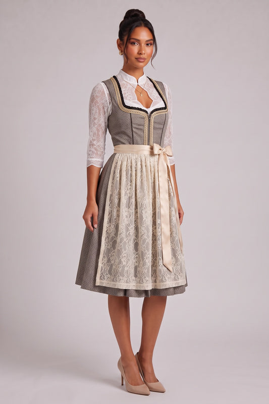 grey-brown melange textured woven jacquard fit-and-flare dirndl dress set grey-brown melange, cream-white textured woven jacquard dirndl dress set - product view 2